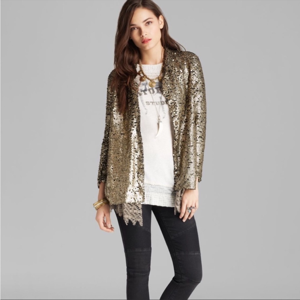Free People Stardust Tarnished Gold Sequin Blazer Jacket Size XS Holiday